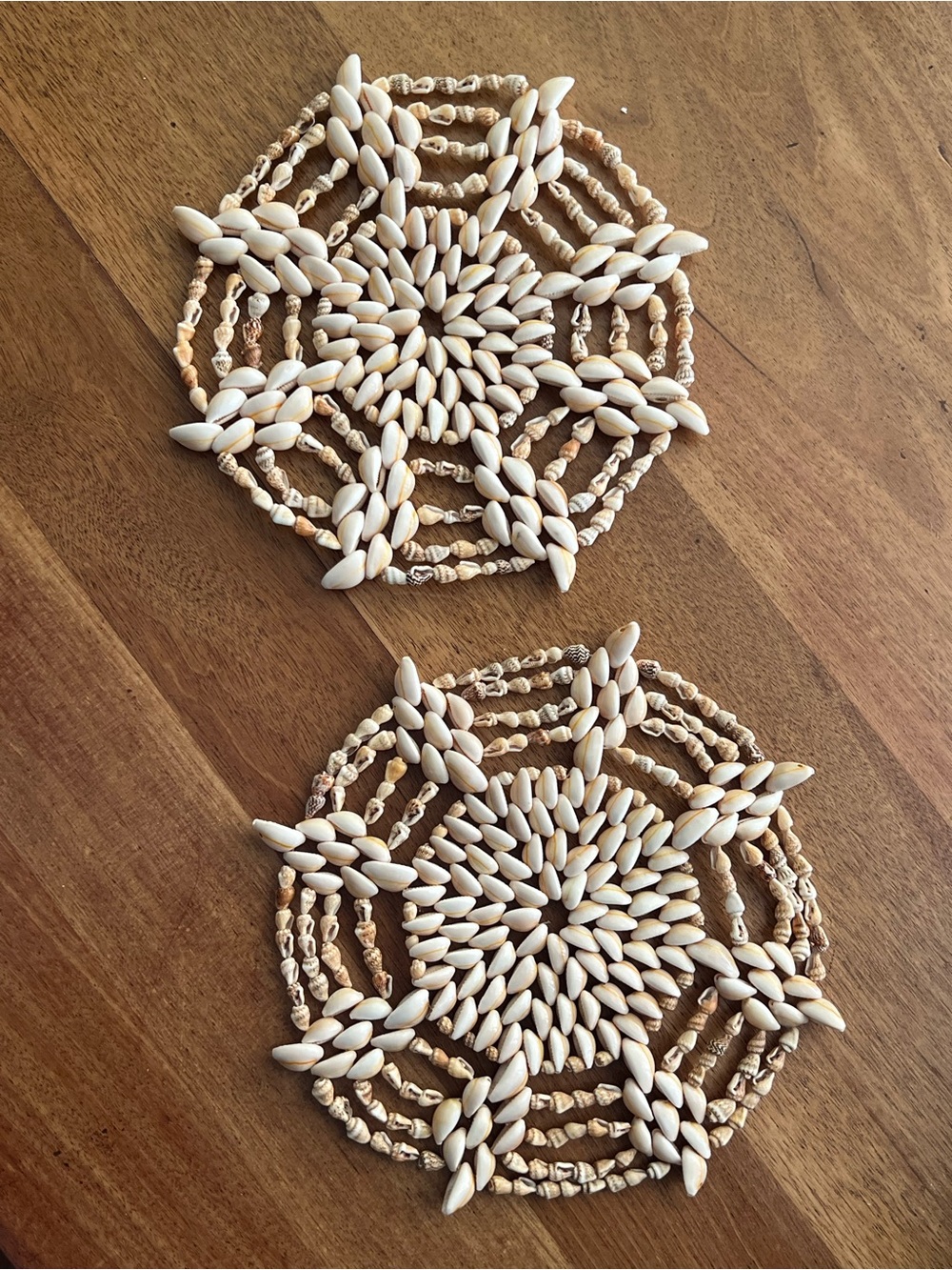 Boho cowrie shell placements trivets pot holder hand woven coastal decor set 2